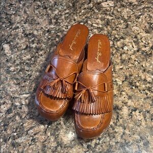 Brown Leather Fringe Mule Clogs, vintage style size 10